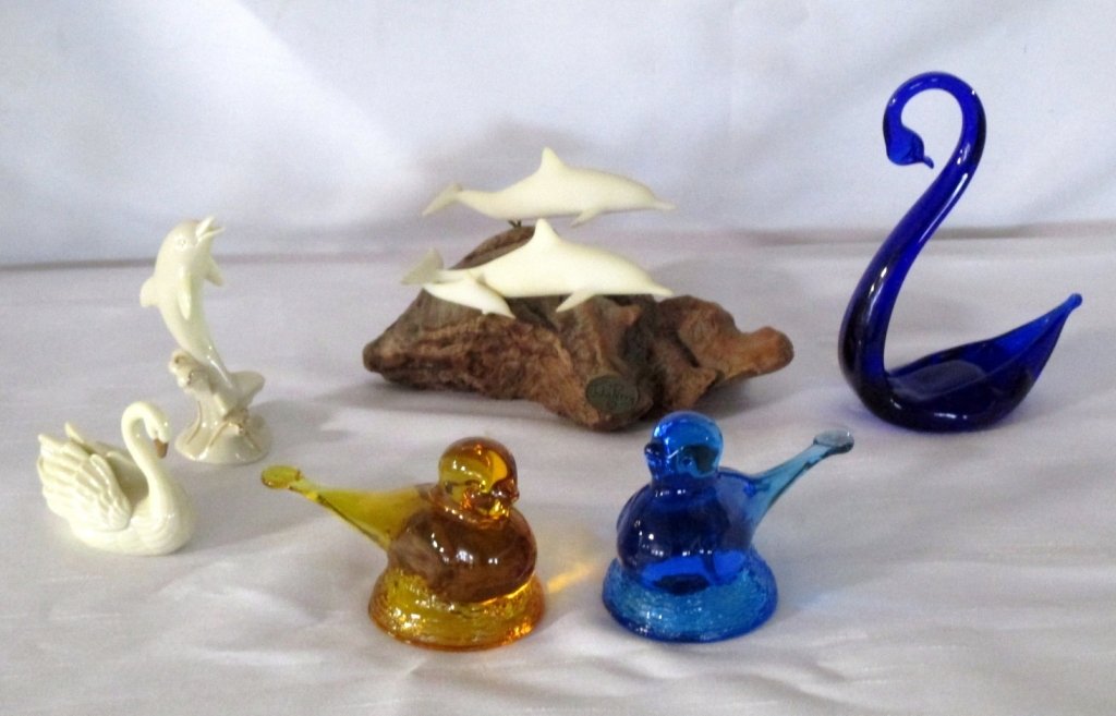 Miniature Birds, Swans & Dolphins: Including Lenox Dolphin & Swan, John Perry Dolphins on wood, amber & blue glass birds, and 5.5" tall blue Pairpoint full lead crystal swan.