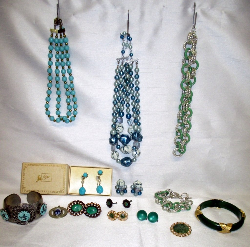 Blue & Green Jewelry Inc. Coro: Including pair Coro earrings w/original box, 2 bracelets, necklace & bracelet set, necklace & earrings set, aqua bead necklace, 4 pair earrings, pin and pendant.