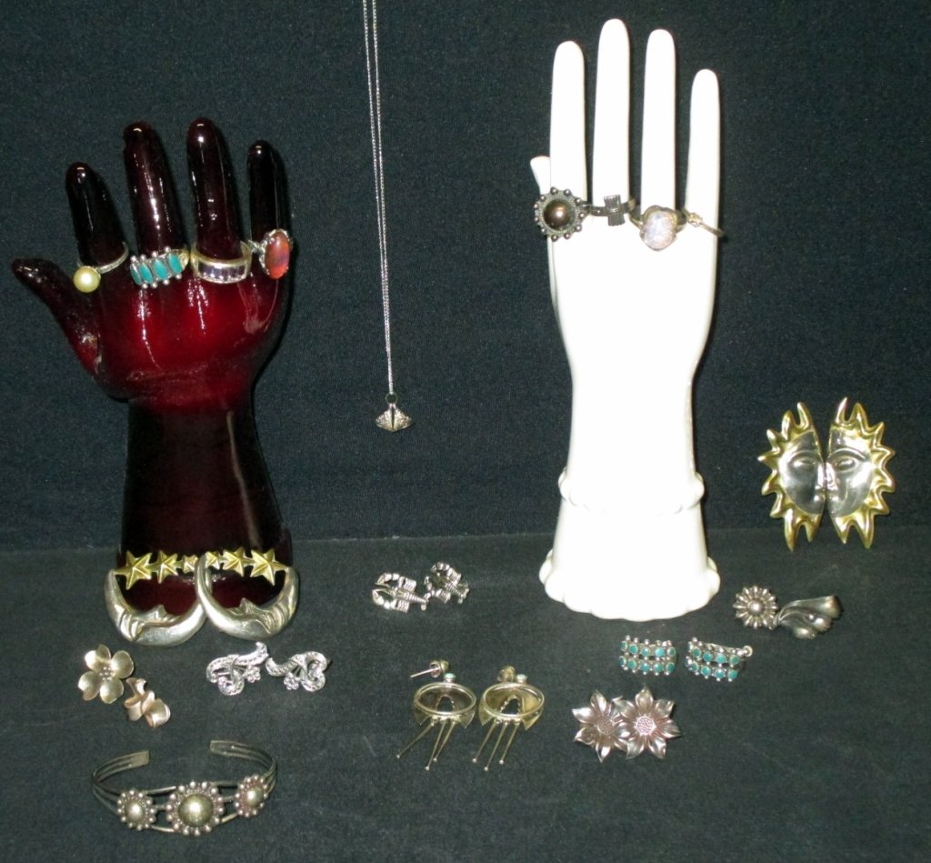Sterling Jewelry Plus: Including 7 pair earrings, kisses necklace, 7 rings, bracelet & ring set and 4 odd earrings.