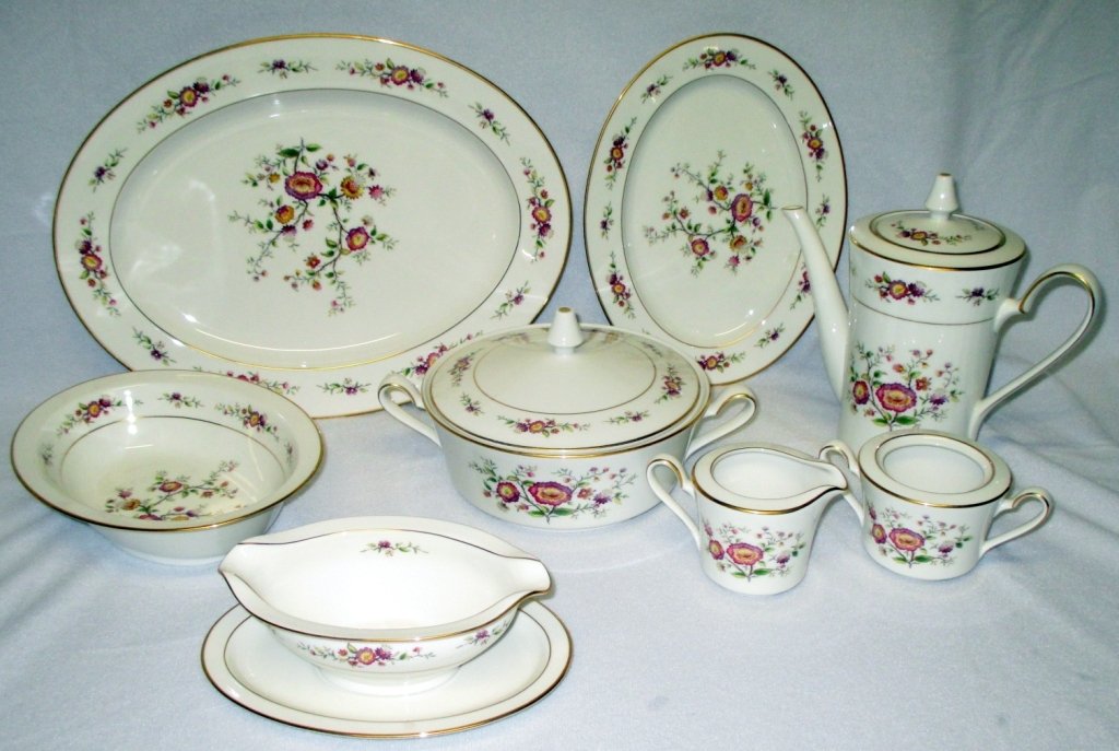 10 Pieces Noritake Asian Song Serving Pieces: Including oval vegetable bowl, round covered vegetable, 11" platter, 16" platter, teapot w/lid, gravy w/attached plate, sugar (no lid) & creamer.