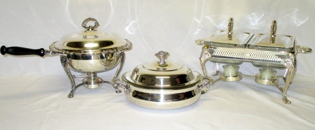 Silverplated Casserole/Buffet Servers: Including handled covered casserole w/burner on footed stand, covered casserole w/Pyrex liner and double buffet server with Pyrex liners on footed stand w/candle warmers.