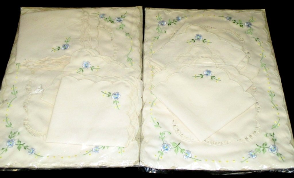 12 Fine Linen Placemats & Napkins: Colorful embroidery w/cutwork, mint in packages of 6 each.