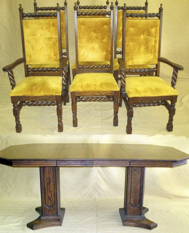 Barley Twist Dining Table & 6 Chairs: Table 48" x 42" x 29" tall w/two 12" leaves; 2 arm chairs/4 side chairs, velvet plush upholstery, 55.5" back height to top of finials.