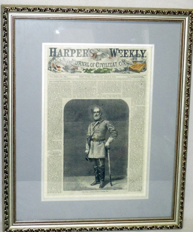 Framed Harper's Weekly Featuring Robert E. Lee: New York, Saturday, July 2, 1864, framed under glass in silver frame, 22" x 18" wide.