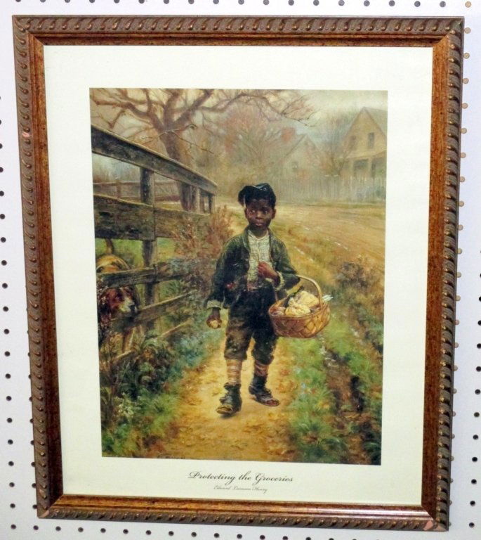 Framed Edward Lamson Henry Black Americana Print: 1985 Protecting the Groceries, under glass, 22" x 17.25" wide. Some frame molding damage.