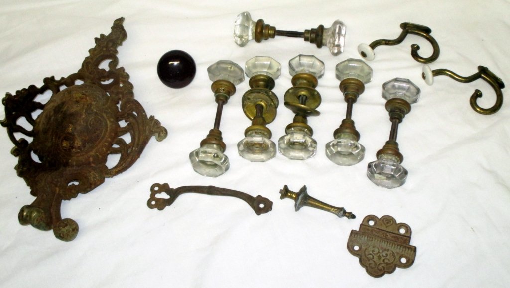 Vintage Hardware w/6 Sets Glass Door Knobs Plus: Large 14" tall cast iron cartouche, wall hook w/porcelain knobs, etc.