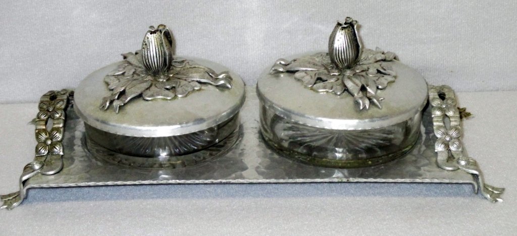 Hand Wrought Aluminum Dresser Tray & Covered Jars: By Rodney Kent, dresser jars w/tall floral finials.