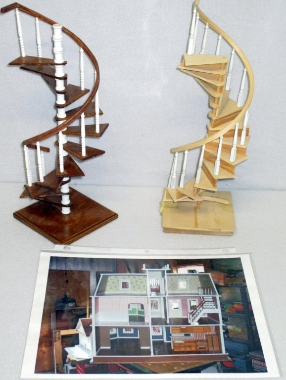 2 Handmade spiral Staircases for Doll Houses: Built by Morgan Donato, one signed, w/directions for installing, approximately 13" tall.