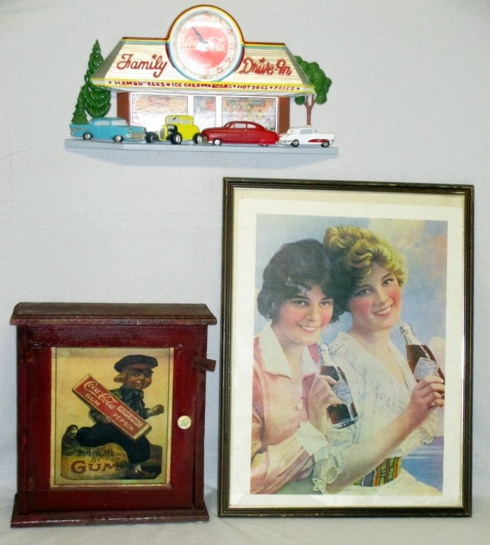 Coca Cola Collectibles: Framed print 25.5" x 19.5", Family Drive-In Clock, glasses and wood display Cabinet "Suits Me by Gum."