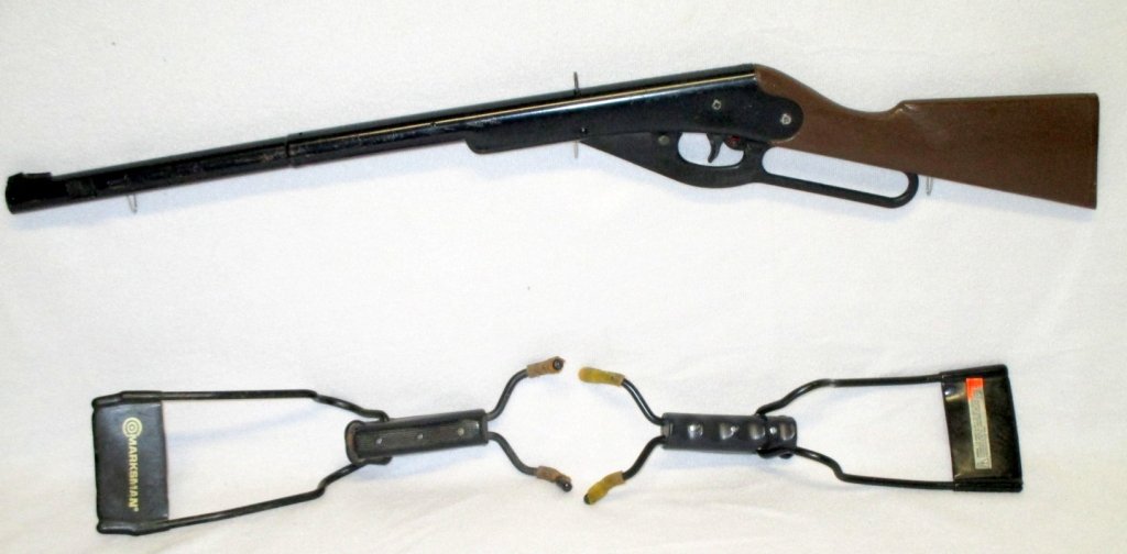 Daisy BB Rifle & 2 Marksman Slingshots: Rifle 30" long, plastic stock.