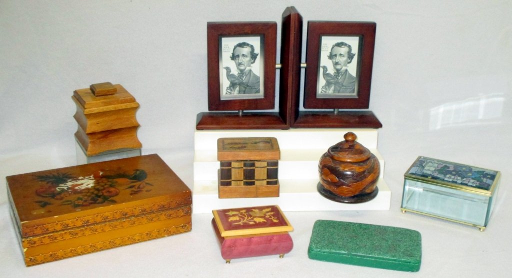 Boxes & Bookends: Large box w/decorative metal bands, Italian inlaid music box, 3 smaller wooden boxes (one artist signed), beveled glass painted box and picture frame bookends.