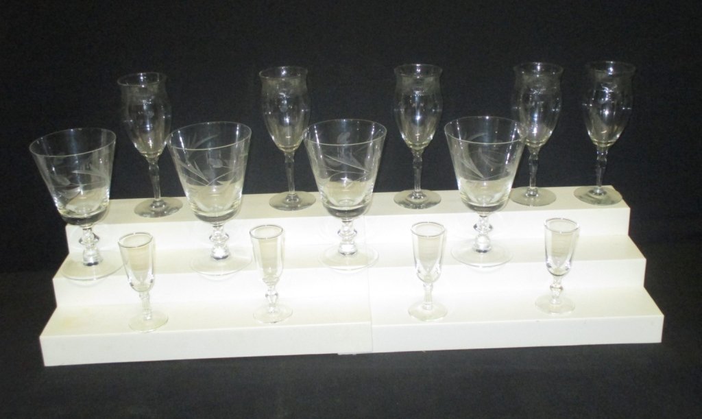 Etched Glasses Plus: 5 shaped aperitif stems (6.5" tall), 4 water glasses & 4 liquors.