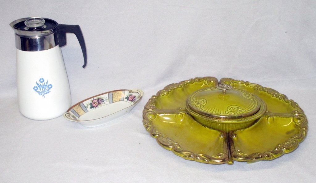 Noritake Relish & Vintage Kitchen: Noritake relish dish, 6-part lazy susan wo/stand & Corningware stove top coffeepot.