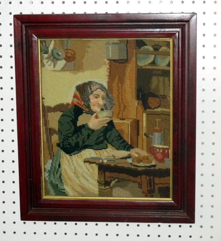 Needlepoint & Petit Point Peasant Woman: 19.5" x 16.5" wide.