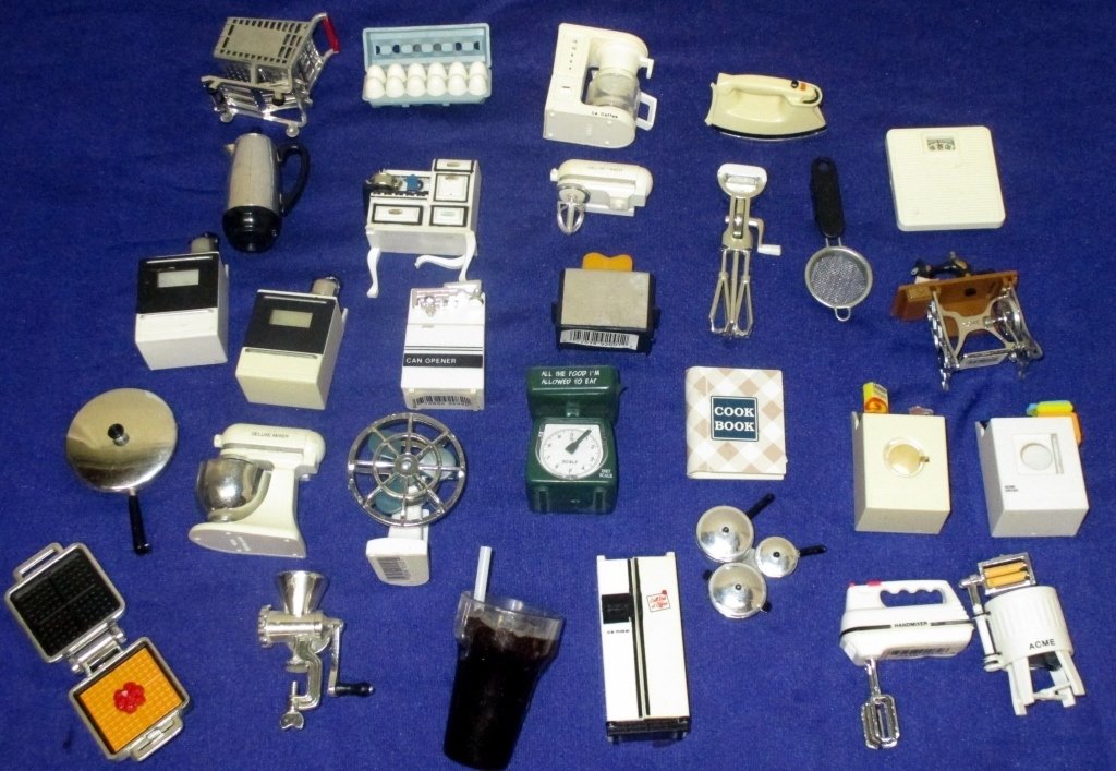 29 House Keeping Refrigerator Magnets: Appliances, sewing machine, cookbook, coke, grocery basket, pots & pans, food etc.
