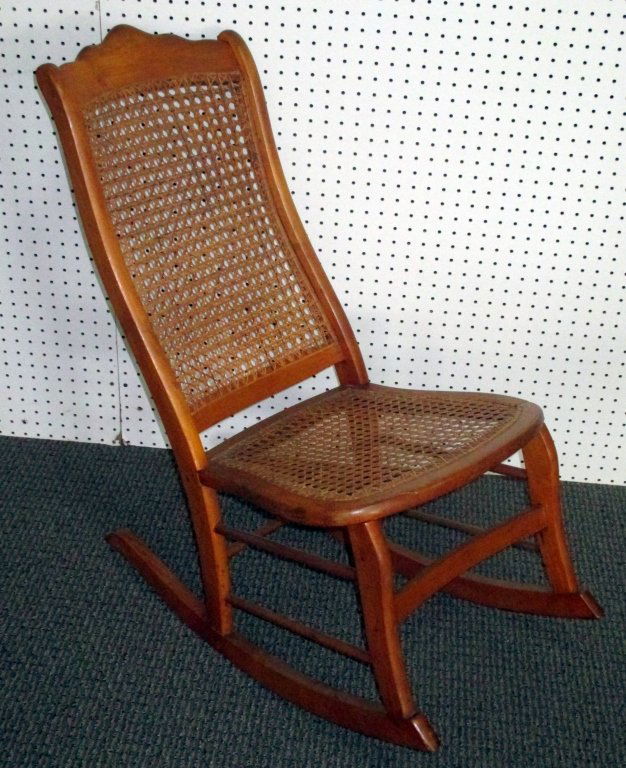 Vintage Hand Caned Maple Side Rocker: High arched back and seat caned, arched front stretcher, 33.5" center back height.