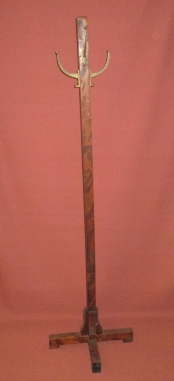 Vintage Wooden Hall Tree: 4 large metal coat/hat hooks, 65" tall.