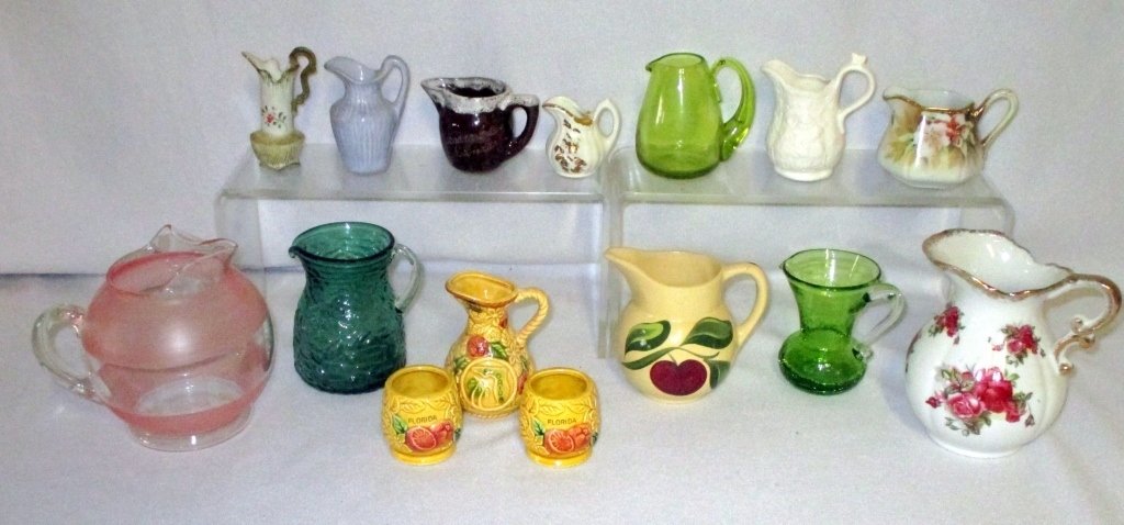 Ceramic & Glass Pitcher Lot: Including hand painted Nippon, Watt, frosted glass (worn gold trim), advertising, 2" to 5".