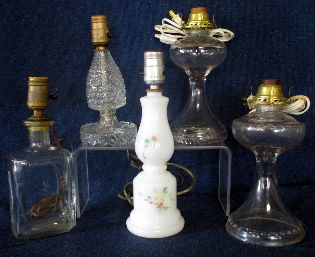 Five Small Vintage Glass Lamps: Two electrified oil lamps, Milkglass lamp 12" tall.
