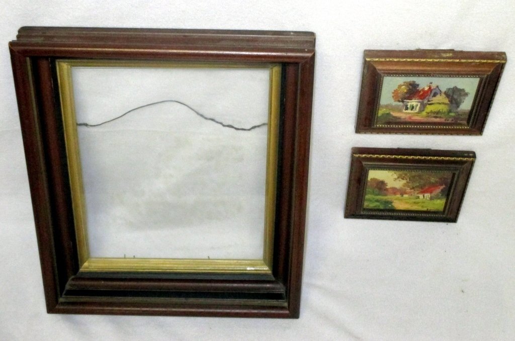 Vintage Shadow Box Frame & 2 Dirks Paintings: Shadow box 15.5" x 13.5" and two framed original signed oil paintings by Dirks, New York, 5.5" x 6.5" wide.