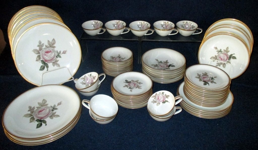 73 Pieces Noritake Oliver China: Decorated w/large rose including: 12 dinner plates, 11 salad plates, 12 bread & butter plates, 11 fruit/dessert bowls, 7 soup bowls, 9 cups & saucers and 2 additional cups.