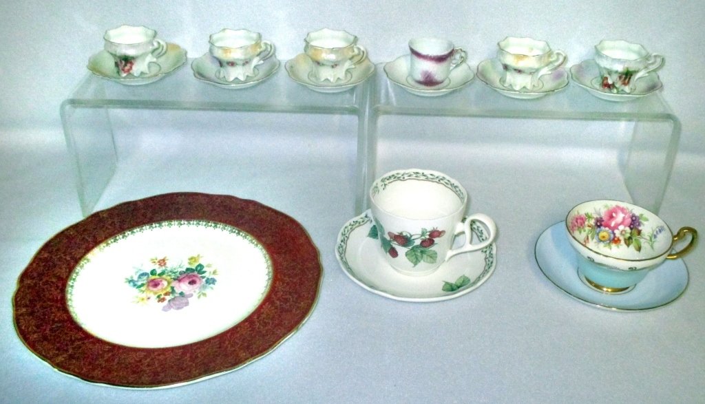Demi-tasse & Regular Cups & Saucers Plus: 6 demi-tasse size & 2 regular (Noritake & English) together w/Steubenville rose decorated plate w/heavily decorated edge (10.5" diameter).