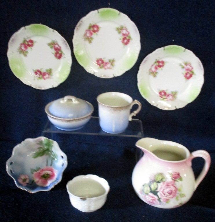 Vintage Ceramics: Rose decorated pitcher (6.5" tall) & three 8" plates w/hangers, Noritake pierced handle bowl (6.5" diameter), blue mug & covered bowl and open bowl.
