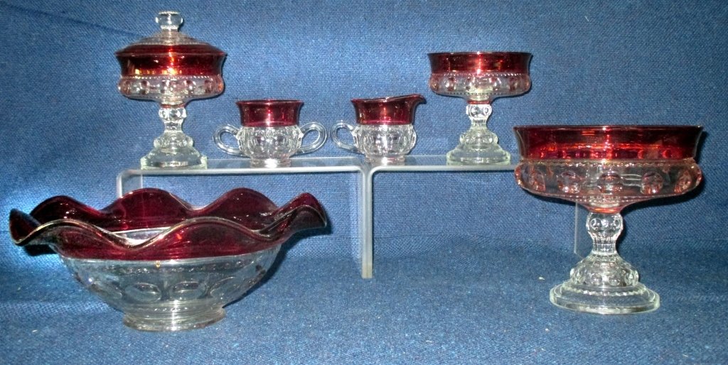 6 Tiffin Kings Crown Cranberry Serving Pieces: Thumbprint flashed cranberry including creamer, sugar, 2 compotes (5.25" & 7" tall), 11" diameter scalloped edge bowl and 7.25" tall covered candy.