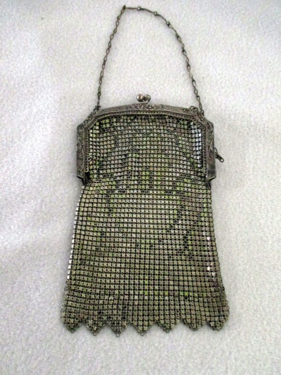 Silver Mesh Evening Bag: Raised decoration on clasp, overall 11.5", bag 6.25".