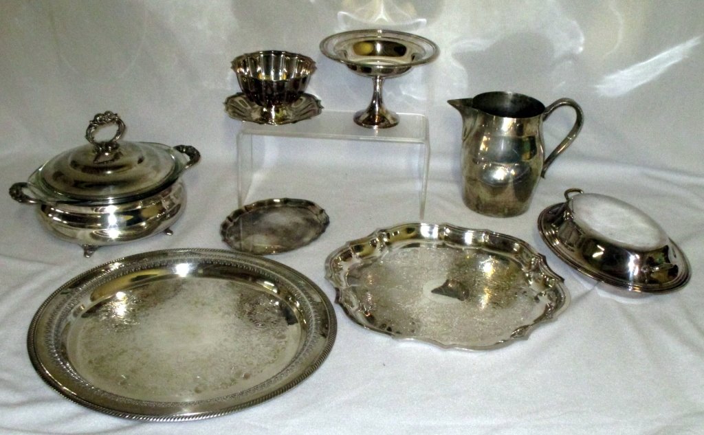 Silverplate Serving Pieces: Inc. covered casserole w/Pyrex liner, Gorham 7.5" long tray, Gorham covered vegetable, 7.25" tall compote, 2 trays (13.25" & 15" dia), 7" tall pitcher and International Chippendale gravy w/attached pl