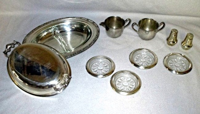 Silverplate & Sterling Serving Pieces: Inc. covered vegetable w/divided glass liner, 4 coasters, open creamer & sugar and sterling salt & pepper.