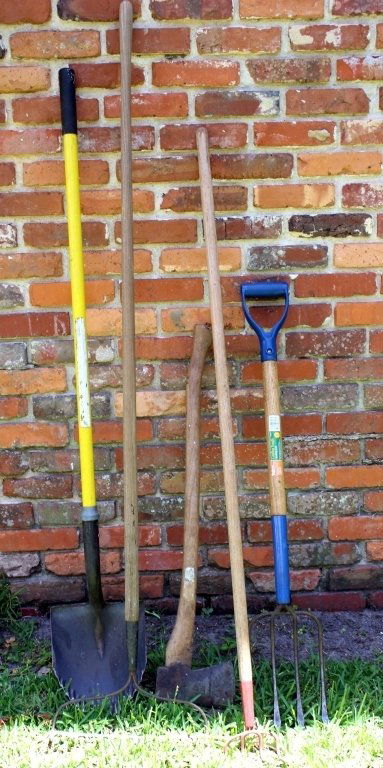 Garden Tools: Shovel, axe, garden fork, garden rake and potato hoe.