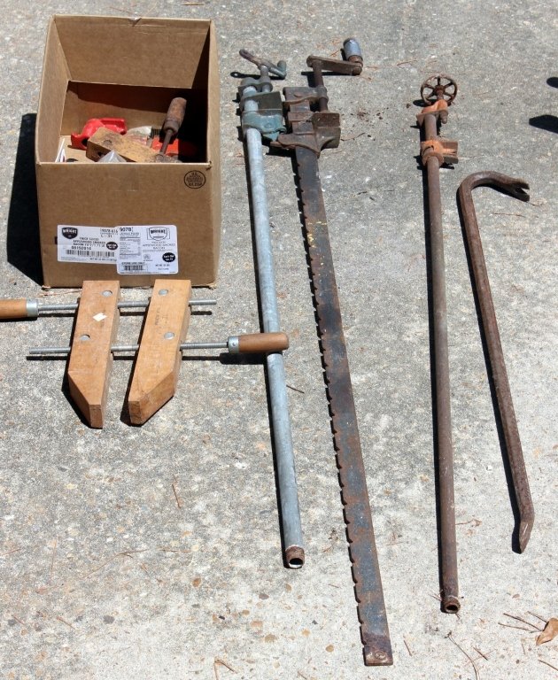 Clamps, Wrenches & Crow Bar: 2 pole clamps, 2 bar clamps (1 w/o/pole), wood clamp, 3 hand screw clamps, 3 pipe wrenches (7" to 18") and 36" crow bar.