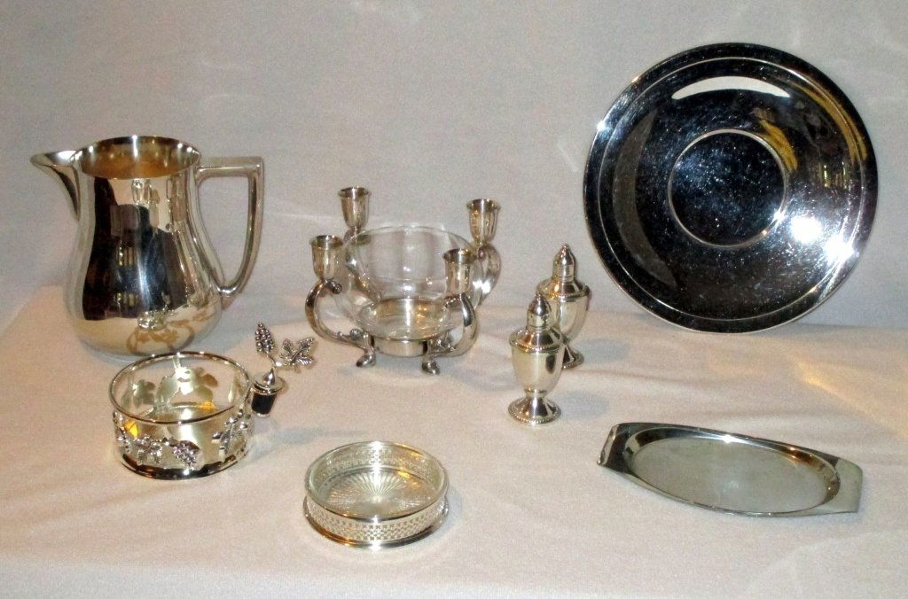 Sterling & Silverplate Serving Pieces: Sterling salt & pepper, 2 wine coasters, 7" tall pitcher, round & rectangular trays and 4 candle/glass bowl centerpiece.