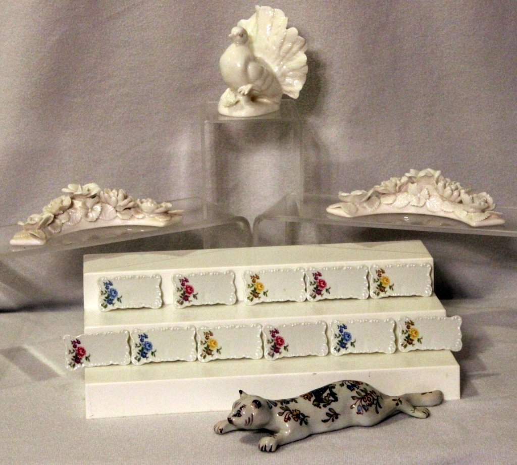 Porcelain Place Cards, Turkey, Cat & Decor Ring: 11 place cards, 9" long cat, 4" tall turkey and 2 floral arches for candles.