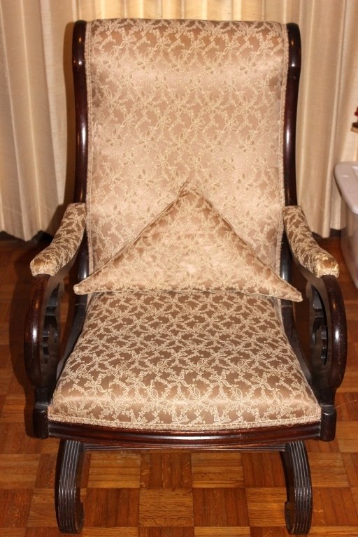 Victorian Platform Rocker: 36" center back height. Some fabric & finish wear on arms.
