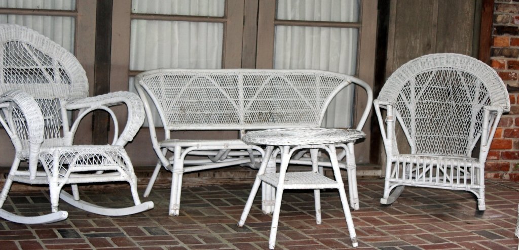 Wicker Rockers, Settee & Round Table: 2 rockers (33.5" & 38" center back height), settee, and 24" diameter x 21" tall table (needs leg wrap repair).