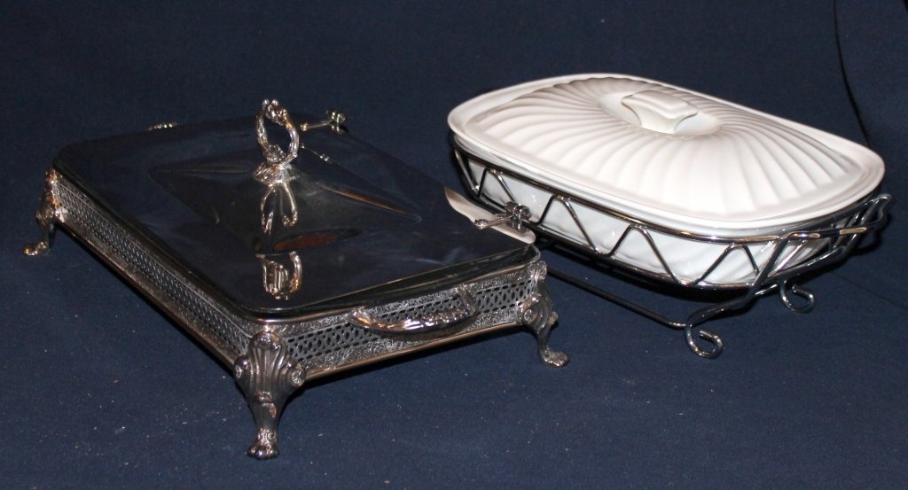 Hinged Silver Casserole & Godinger Baker w/Rack: Silverplated casserole w/Glasbake liner and 2 qt. covered porcelain casserole w/decorative rack.