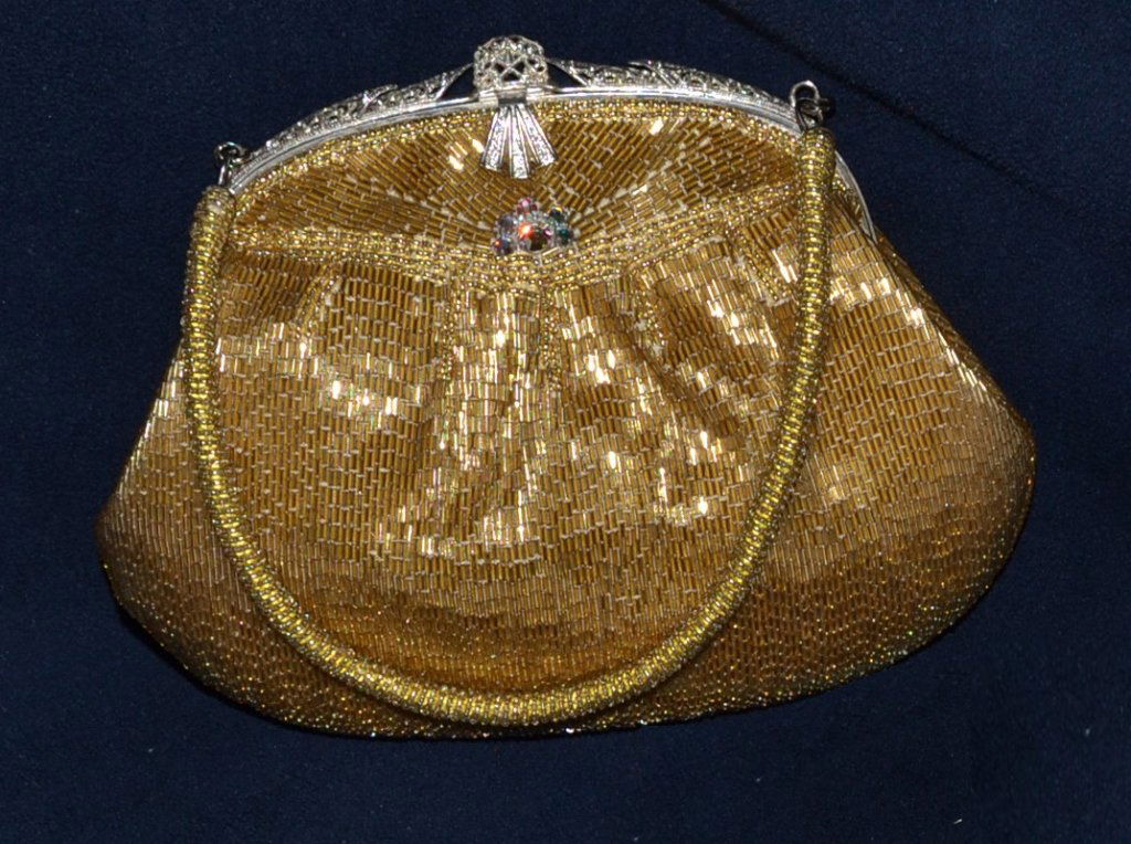 Gold Beaded Evening Bag: Bugle beads & rhinestones w/silver tone clasp.