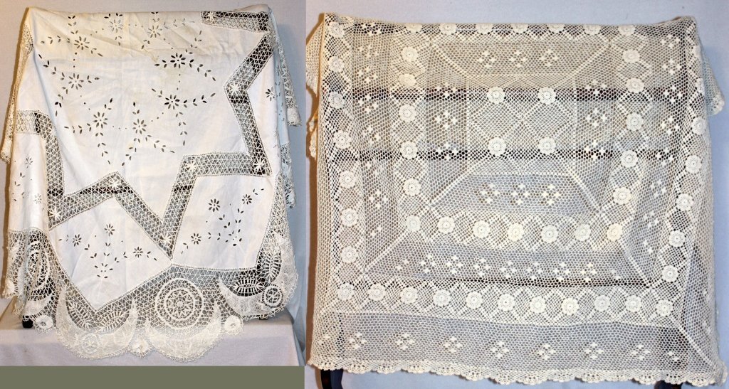 Crocheted & Crocheted Cutwork Table Cloths: Crocheted card table cover and 66" diameter crocheted & cutwork cloth.