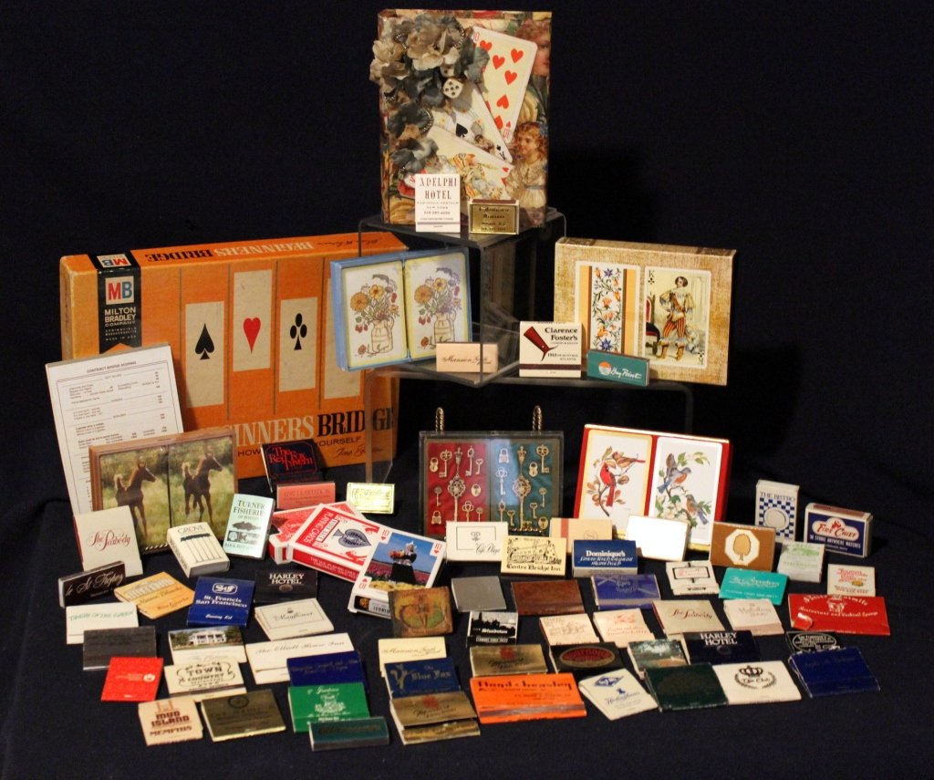 Playing Cards, Bridge Game & Matchbooks: Matchbooks have vintage Havana and The Club at the World Trade Center, decorative playing card holder box.