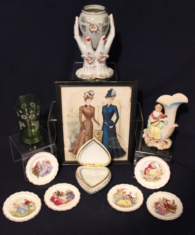 Ceramics Depicting Period Dress & Hand Vase: Inc. Lefton heart box, 6 English coasters, spill vase, enameled green vase and print of Victorian ladies.
