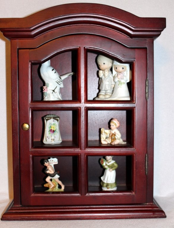 Table Display Cabinet w/Small Figurines: Inc. Norman Rockwell figurine, Hagara's Brianna, Enesco wedding couple and Nippon hand painted shaker.