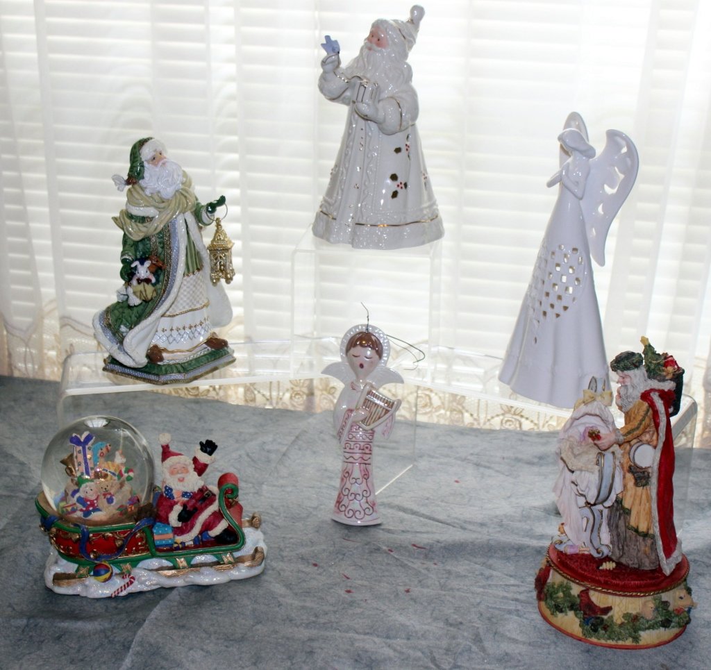 Father Christmas & Angel Decorations: Father Christmas: Fitz & Floyd music box (Silent Night), Lenox Season's Glow & figure w/child; Santa snow globe music box (Here Comes Santa Claus); ceramic standing angel & tree decoration.