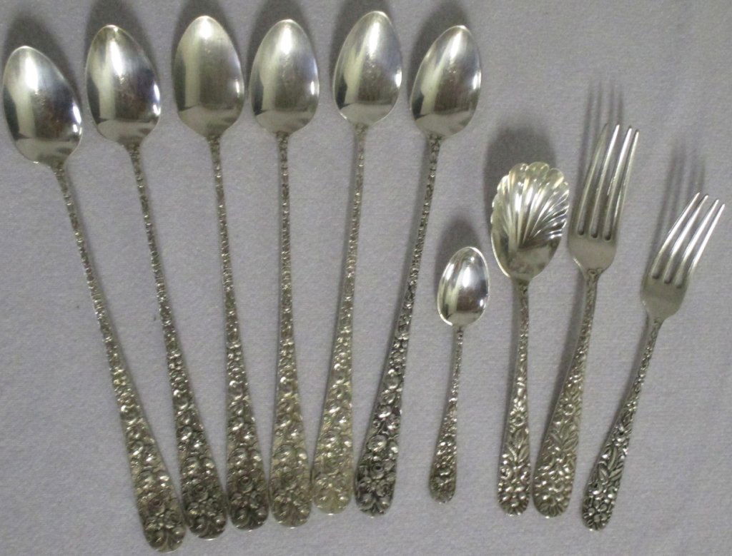 Various Patterns Sterling Repousse Flatware: Including: 6 ice tea spoons, Steiff demi-tasse spoon, sugar shell, dinner fork and salad fork. 13 troy. Monogrammed save for sugar shell and demi-tasse.