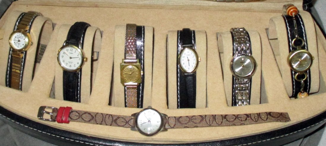 7 Ladies Watches & 2 Bands: Including Timex, Capezio, Carriage, Faded Glory, Speidel band plus.