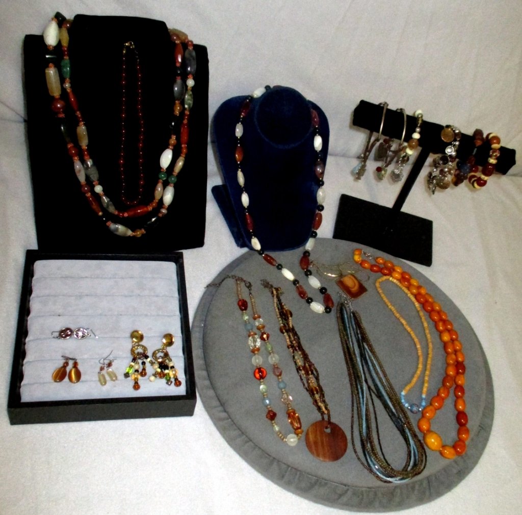 Brown, Orange, Blue Bead & Stone Costume Jewelry: Necklaces, bracelets and earrings.