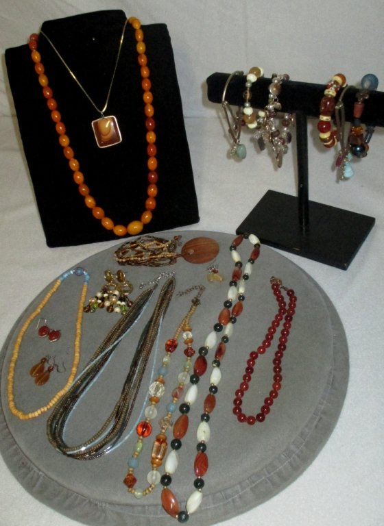 Brown & Tan Bead & Stone Costume Jewelry: Necklaces including Napier gold chain w/agate style stone, bracelets, earrings.