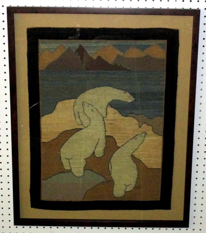 Silk Stocking Art of Polar Bears: Flyer on back detailing artifact process, framed under glass 31." x 25" wide.