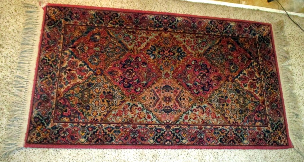 Coral, Blue & Neutrals Throw Rug: 5' 1" x 2' 11".